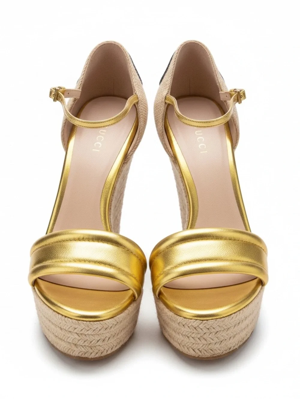 Gucci Metallic Gold Leather High Wedge Espadrille Sandals ; size 37 EUC - Picture 3 of 13